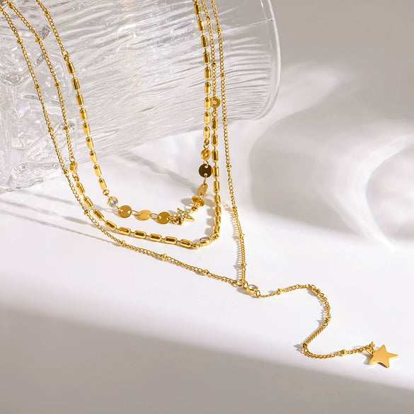 Wholesale Stainless Steel Geometric Star Threelayer Stacked Yshaped Chain Necklace With Vacuum Real Gold Plating In Pvd Furnace For Women