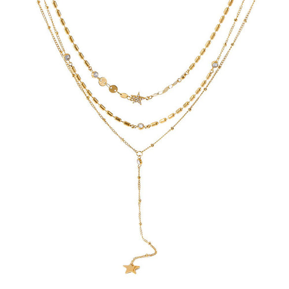 Wholesale Stainless Steel Geometric Star Threelayer Stacked Yshaped Chain Necklace With Vacuum Real Gold Plating In Pvd Furnace For Women