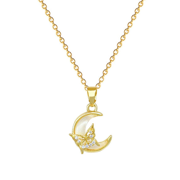 Wholesale Stainless Steel Geometric Style Moon Shell Butterfly Pendant Necklace Unisex