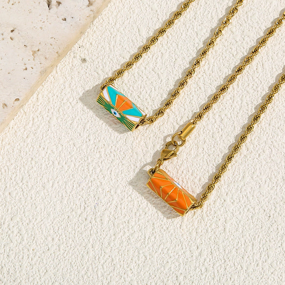 Wholesale Stainless Steel Geometric Style Twist Chain Necklace With Mixed Gemstone Pendant And Gold Plated Electroplating