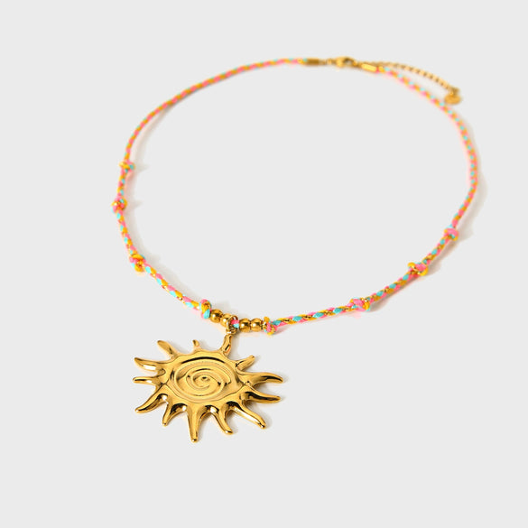 Wholesale Stainless Steel Geometric Sun Pendant Electroplated Braided Rope Necklace For Women