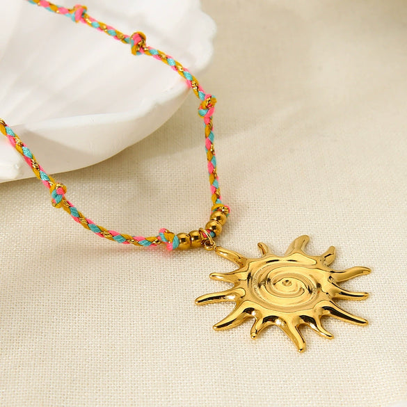 Wholesale Stainless Steel Geometric Sun Pendant Electroplated Braided Rope Necklace For Women