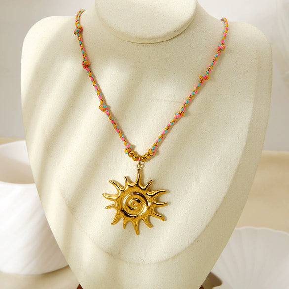 Wholesale Stainless Steel Geometric Sun Pendant Electroplated Braided Rope Necklace For Women