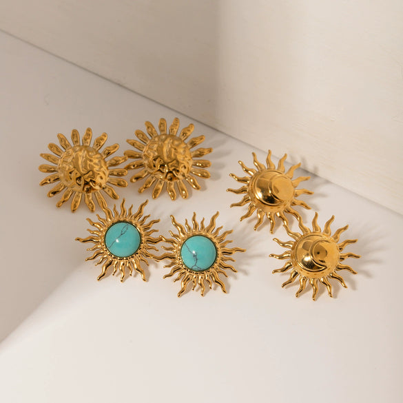 Wholesale Stainless Steel Geometric Sunflower Inlaid Turquoise Earrings With Electroplating