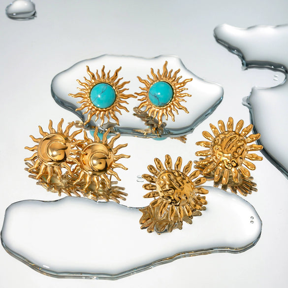 Wholesale Stainless Steel Geometric Sunflower Inlaid Turquoise Earrings With Electroplating