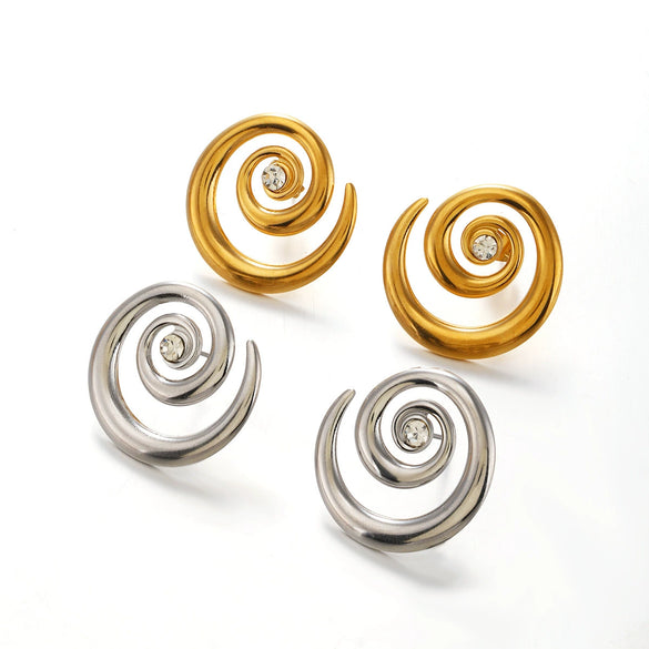Wholesale Stainless Steel Geometric Swirl Rhinestone Rotating Earrings For Women Electroplated Simple Style