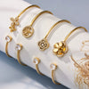 Wholesale Stainless Steel Geometric Threedimensional Floral Zirconencrusted Goldplated Open Thin Ring Bracelet Set Fashion Jewelry
