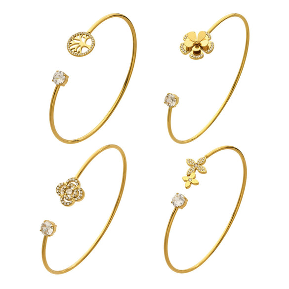 Wholesale Stainless Steel Geometric Threedimensional Floral Zirconencrusted Goldplated Open Thin Ring Bracelet Set Fashion Jewelry