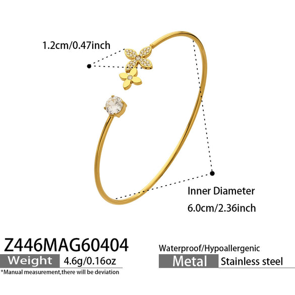 Wholesale Stainless Steel Geometric Threedimensional Floral Zirconencrusted Goldplated Open Thin Ring Bracelet Set Fashion Jewelry