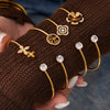 Wholesale Stainless Steel Geometric Threedimensional Floral Zirconencrusted Goldplated Open Thin Ring Bracelet Set Fashion Jewelry