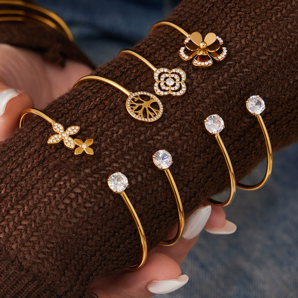 Wholesale Stainless Steel Geometric Threedimensional Floral Zirconencrusted Goldplated Open Thin Ring Bracelet Set Fashion Jewelry