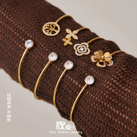 Wholesale Stainless Steel Geometric Threedimensional Floral Zirconencrusted Goldplated Open Thin Ring Bracelet Set Fashion Jewelry
