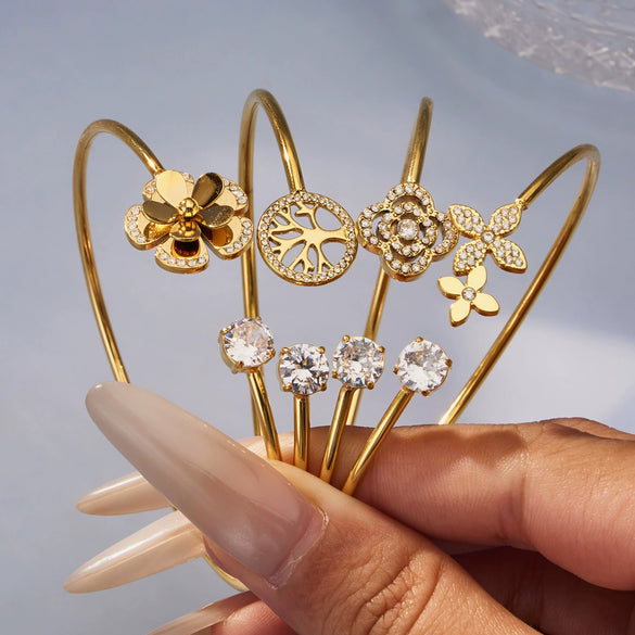Wholesale Stainless Steel Geometric Threedimensional Floral Zirconencrusted Goldplated Open Thin Ring Bracelet Set Fashion Jewelry