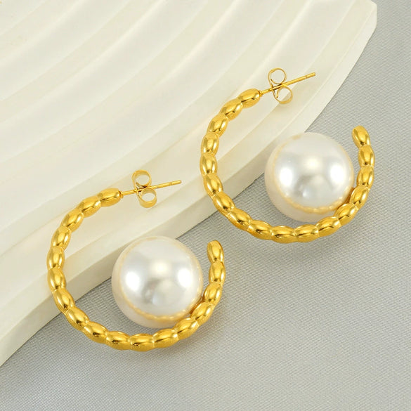 Wholesale Stainless Steel Geometric Ushaped And Cshaped Pearl Earrings Electroplated For Women Retro Versatile