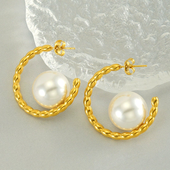Wholesale Stainless Steel Geometric Ushaped And Cshaped Pearl Earrings Electroplated For Women Retro Versatile