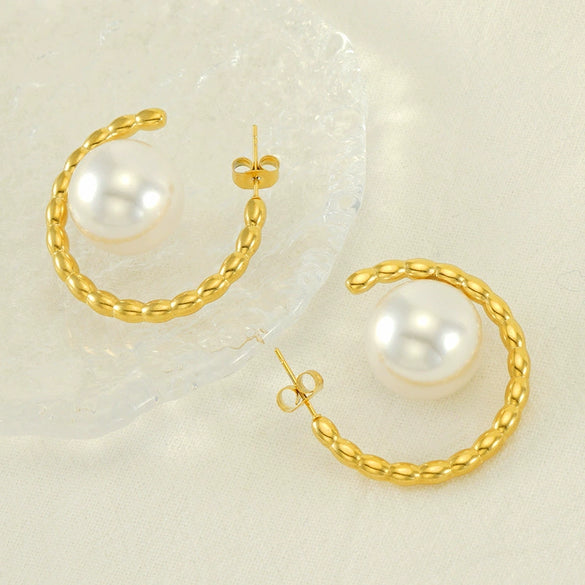 Wholesale Stainless Steel Geometric Ushaped And Cshaped Pearl Earrings Electroplated For Women Retro Versatile