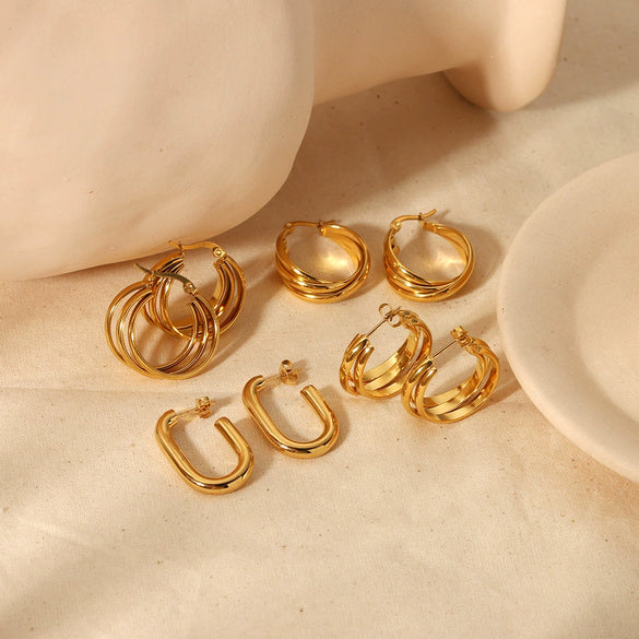 Wholesale Stainless Steel Geometric Ushaped Electroplated Multilayer Threeline Twisted Women's Earrings