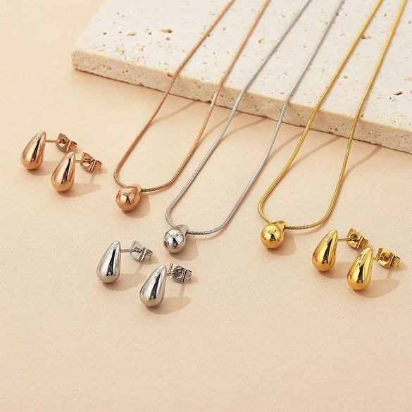 Wholesale Stainless Steel Geometric Water Drop Stud Earrings And Solid Necklace With Electroplating