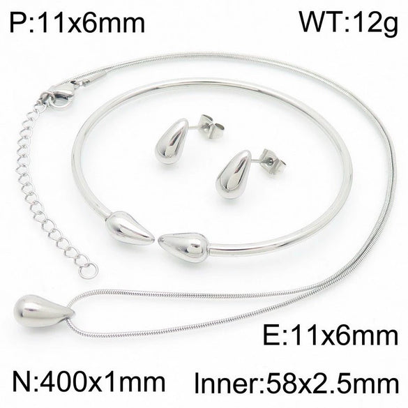Wholesale Stainless Steel Geometric Water Drop Stud Earrings And Solid Necklace With Electroplating