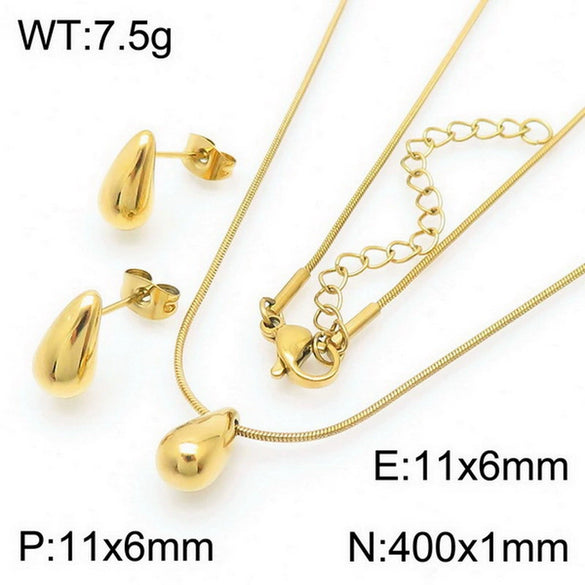 Wholesale Stainless Steel Geometric Water Drop Stud Earrings And Solid Necklace With Electroplating