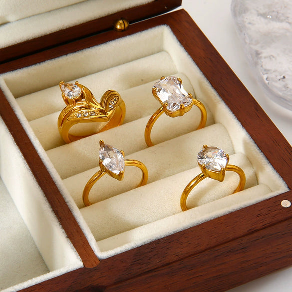 Wholesale Stainless Steel Geometric Water Drop Zircon Ring With Pvd 18K Gold Finish For Women
