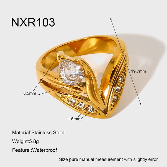 Wholesale Stainless Steel Geometric Water Drop Zircon Ring With Pvd 18K Gold Finish For Women
