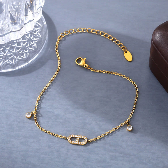 Wholesale Stainless Steel Geometric Zircon Inlay Women's Simple Foot Chain Accessories With Japanese Character Inlay Technology