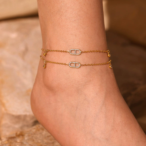 Wholesale Stainless Steel Geometric Zircon Inlay Women's Simple Foot Chain Accessories With Japanese Character Inlay Technology