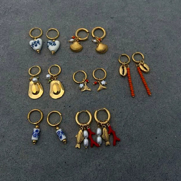 Wholesale Stainless Steel Glue Drop Ceramic Pendant Earrings For Women With Geometric Pattern And Electroplating Treatment