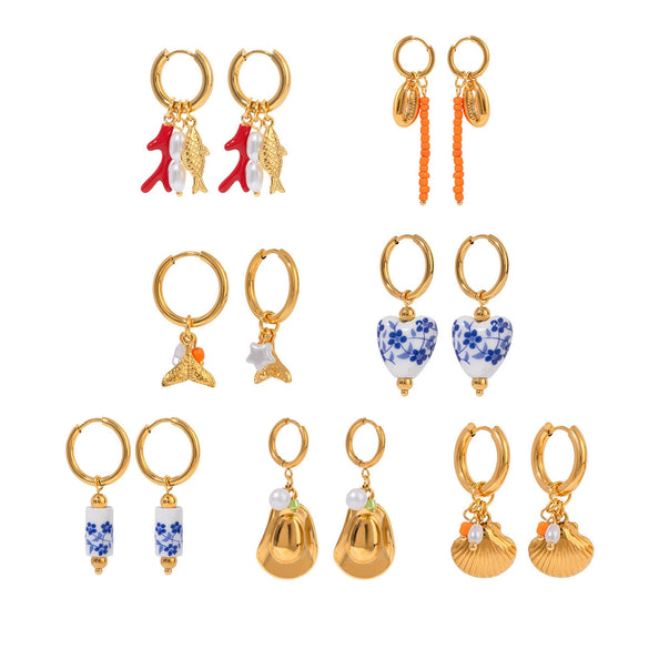Wholesale Stainless Steel Glue Drop Ceramic Pendant Earrings For Women With Geometric Pattern And Electroplating Treatment