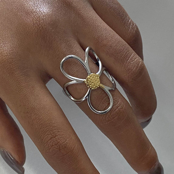 Wholesale Stainless Steel Gold And Silver Color Matching Hollow Flower Geometric Retro Creative Light Luxury Adjustable Opening Ring With Electroplating