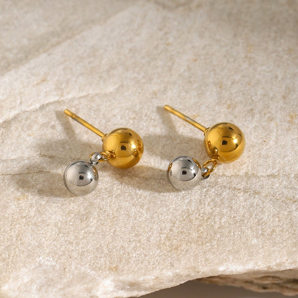Wholesale Stainless Steel Gold And Silver Color Matching Round Bead Earrings With Geometric Design And Electroplating Finish In Ins Cold Style