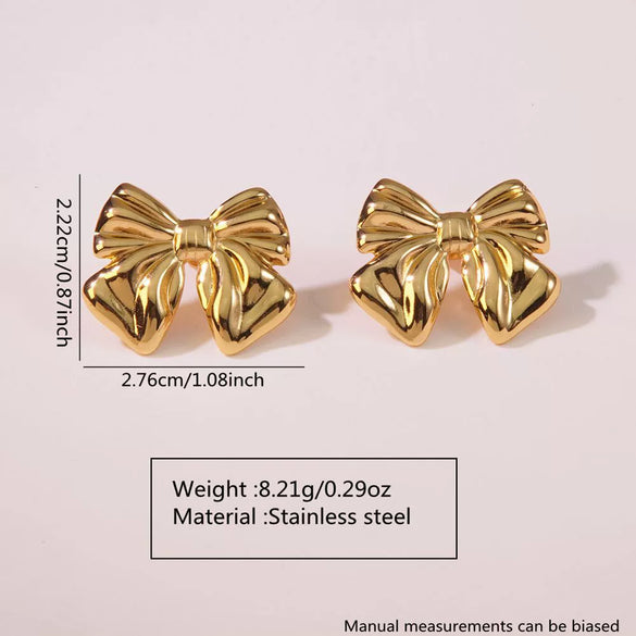 Wholesale Stainless Steel Gold Bow Earrings With Asymmetrical Hollow Embossed And Electroplated Design For Women
