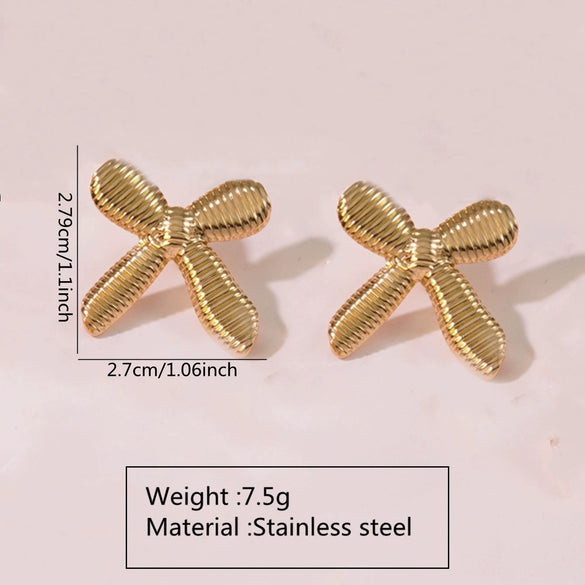 Wholesale Stainless Steel Gold Bow Earrings With Asymmetrical Hollow Embossed And Electroplated Design For Women