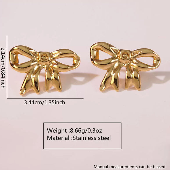 Wholesale Stainless Steel Gold Bow Earrings With Asymmetrical Hollow Embossed And Electroplated Design For Women