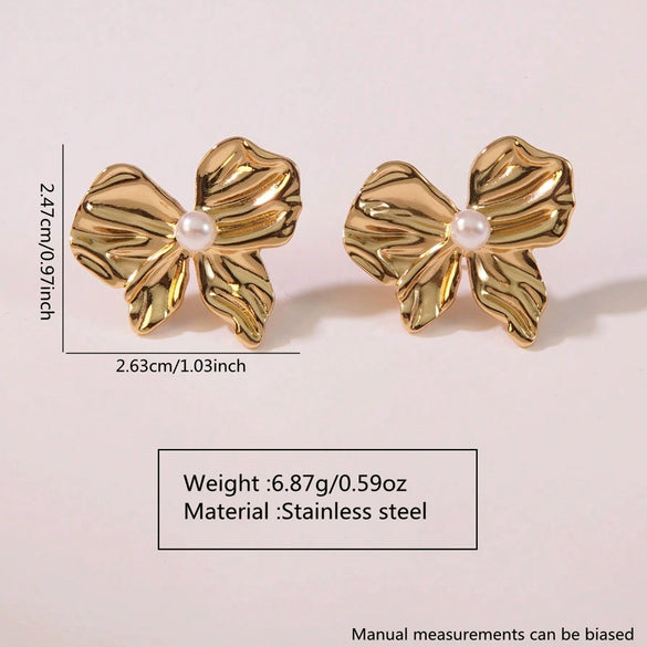Wholesale Stainless Steel Gold Bow Earrings With Asymmetrical Hollow Embossed And Electroplated Design For Women