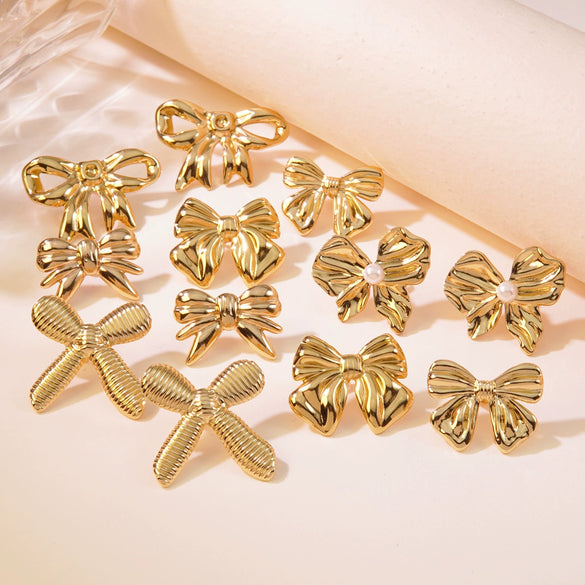 Wholesale Stainless Steel Gold Bow Earrings With Asymmetrical Hollow Embossed And Electroplated Design For Women