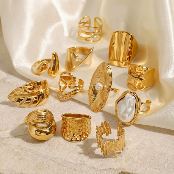 Wholesale Stainless Steel Gold Pearl Ring With Asymmetrical Exaggerated Design And Geometric Pattern Electroplated For Women