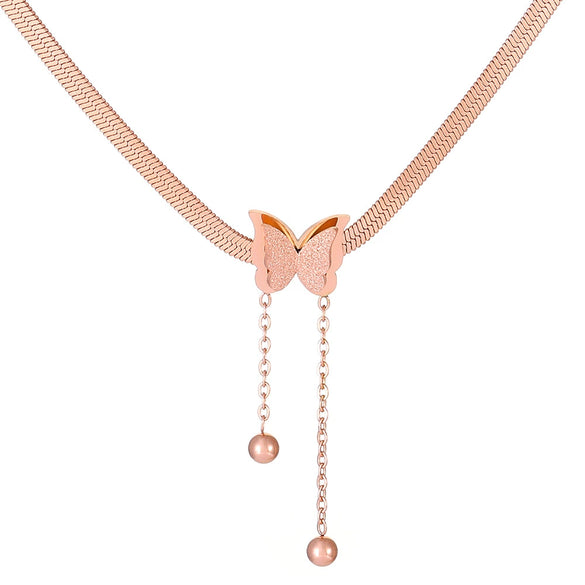 Wholesale Stainless Steel Gold Plated Frosted Animal Zodiac Butterfly Pendant Snake Bone Chain Necklace For Women