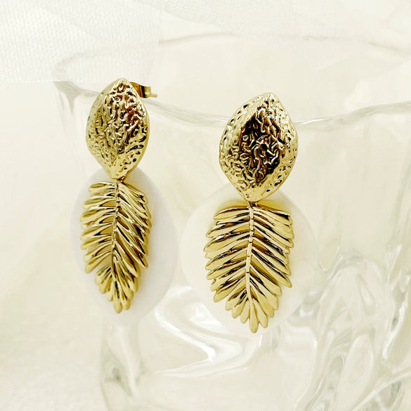 Wholesale Stainless Steel Gold Plated Geometric Fish Bone Leaf Earrings