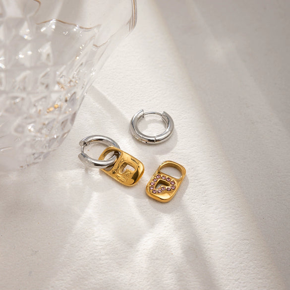 Wholesale Stainless Steel Gold Plated Geometric Heart Shape Lock Pendant Earrings For Women