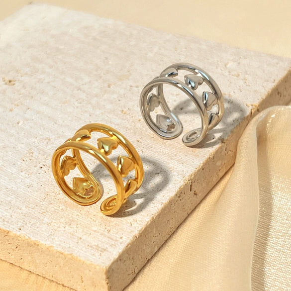 Wholesale Stainless Steel Gold Plated Heart Shape Opening Adjustable Love Ring With Natural And Geometric Style For Ladies