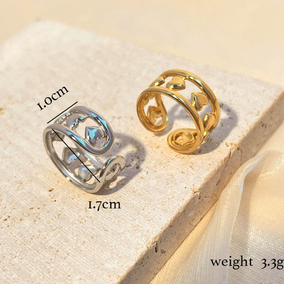 Wholesale Stainless Steel Gold Plated Heart Shape Opening Adjustable Love Ring With Natural And Geometric Style For Ladies