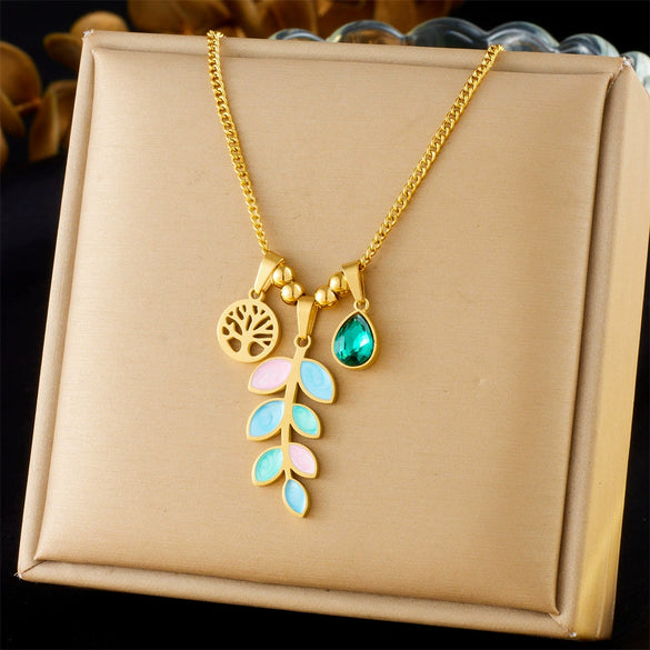 Wholesale Stainless Steel Gold Plated Leaf Pendant Chain Necklace Little Fresh Style
