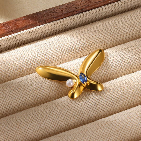 Wholesale Stainless Steel Gold Plated Letter Shaped Butterfly Brooch With Zircon And Imitation Pearl Electroplated