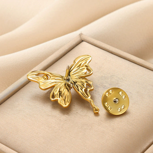 Wholesale Stainless Steel Gold Plated Letter Shaped Butterfly Brooch With Zircon And Imitation Pearl Electroplated