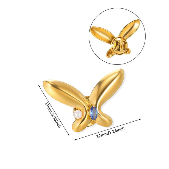 Wholesale Stainless Steel Gold Plated Letter Shaped Butterfly Brooch With Zircon And Imitation Pearl Electroplated
