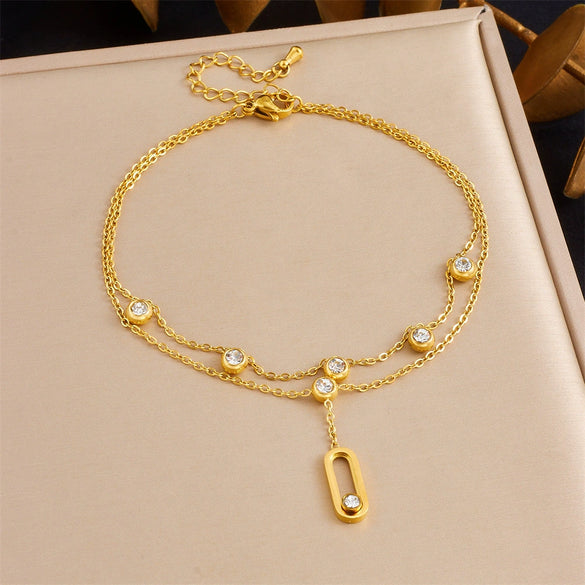 Wholesale Stainless Steel Goldplated Geometric Doublelayer Chain Anklet For Women