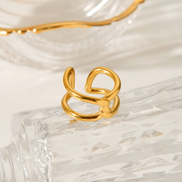 Wholesale Stainless Steel Goldplated Geometric Hollow Open Ring For Women With Knot And Cross Design