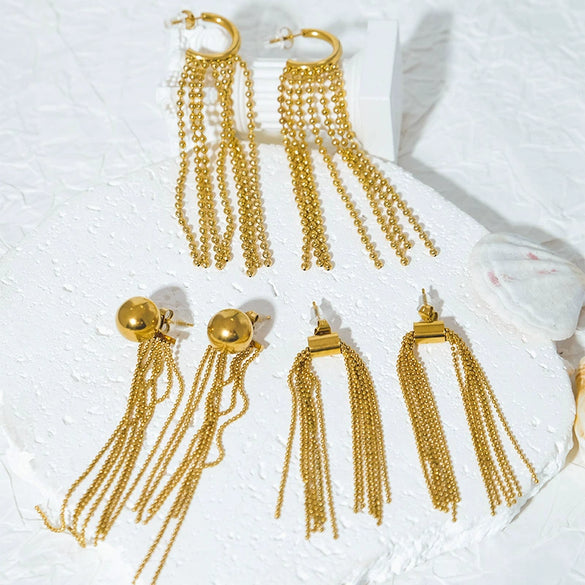 Wholesale Stainless Steel Goldplated Geometric Long Tassel Earrings For Women Fashion Style